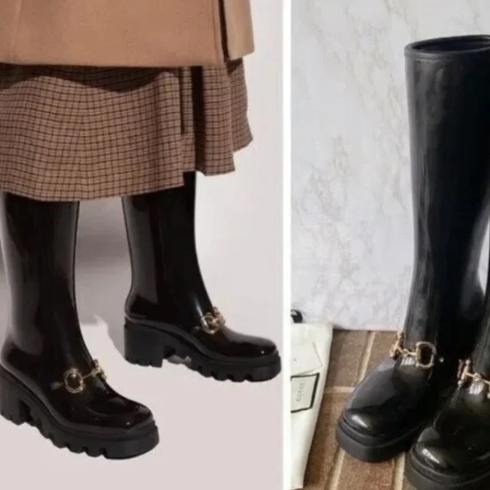 New Gucci Horsebit Tall Rain Boots Black Italy Size 38 - Picture 2 of 16